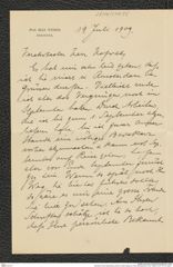 Nachlass Franz Steindachner, Brief von Max Weber an Franz Steindachner (19.07.1909), Inv.Nr. 577.05, Seite 1